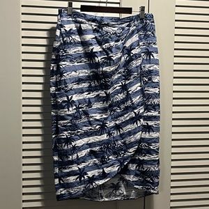 Collectif Faux Wrap Skirt - Blue and White Stripes, Palm trees - Large, Size 10